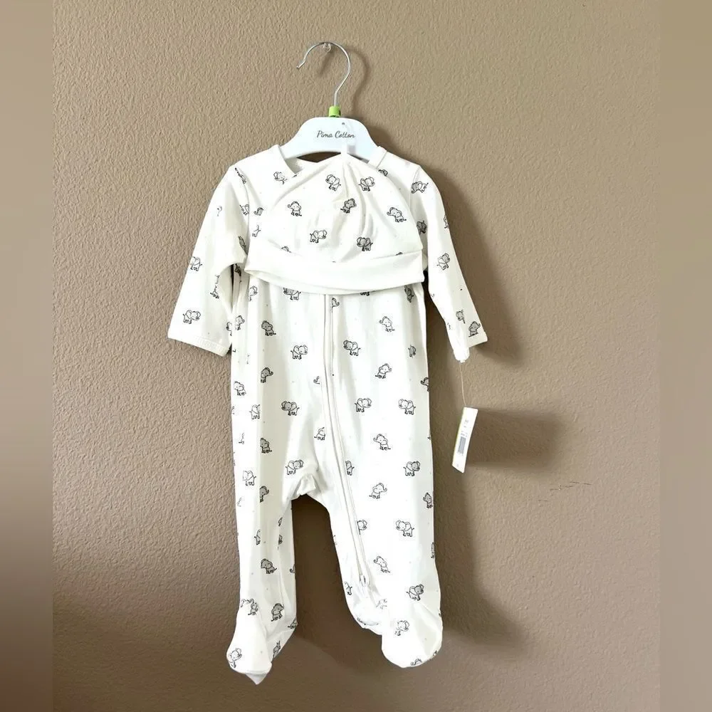 NWT Little Me Elephant Print Footie Pajamas & Hat